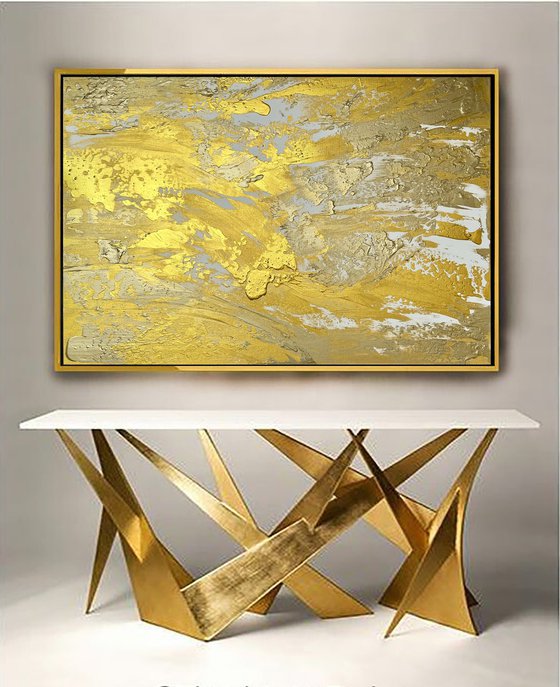 Golden Expressive Abstract Painting. Gold luxury art.