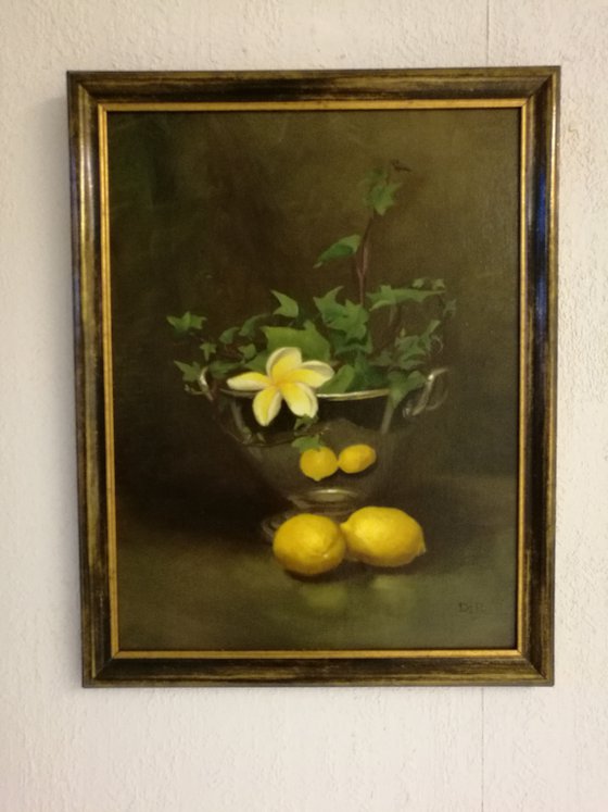 Still life with ivy, lemons and frangipani