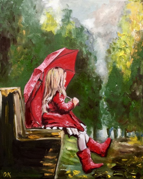 YOUNG LADY IN RED. CHILD WITH UMBRELLA. AUTUMN. MODERN PAINTING.
