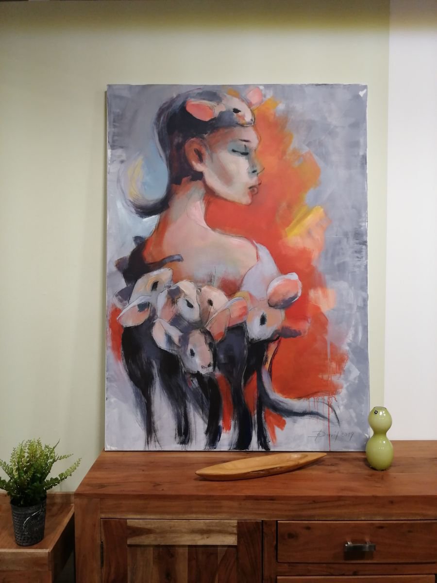 Impressionistic Portrait Acrylic Painting By Olga David, 39 X 55", Priceless Cloak, Original Artwork