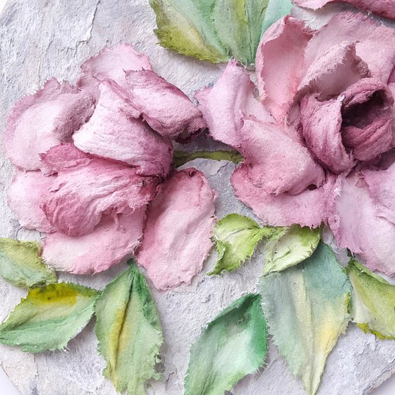 Sculpture painting, pink flowers impasto art Vintage roses