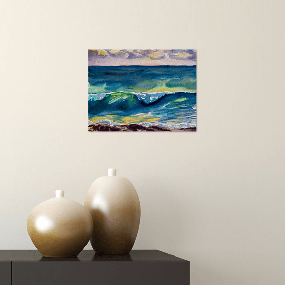 Ocean Watercolor Painting, Sunset Seascape Original Artwork, Coastal Wall Art, Beach House Decor