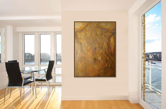 IN THE RAYS OF THE MORNING SUN. TORSO - nude art, original oil painting, large size, brown colored, bed room decor - Love