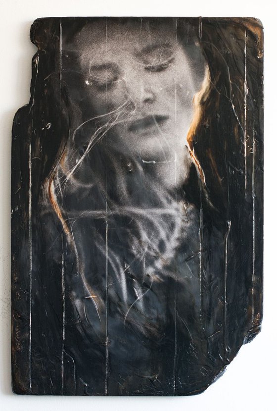 "Prayer" (60x40x2cm) - Unique portrait artwork on wood (abstract, portrait, gouache, original, painting, coffee, acrylic, oil, watercolor, encaustics, beeswax, resin, wood, fingerpaint)