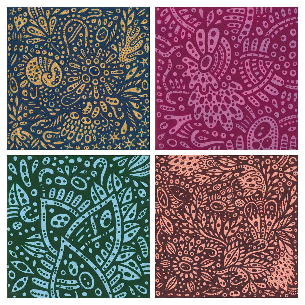 Naive Acrylic Painting , Florals - Set Of 4 Paintings By Veronika Demenko, 6 X 6, Artwork For Sale On Artfinder