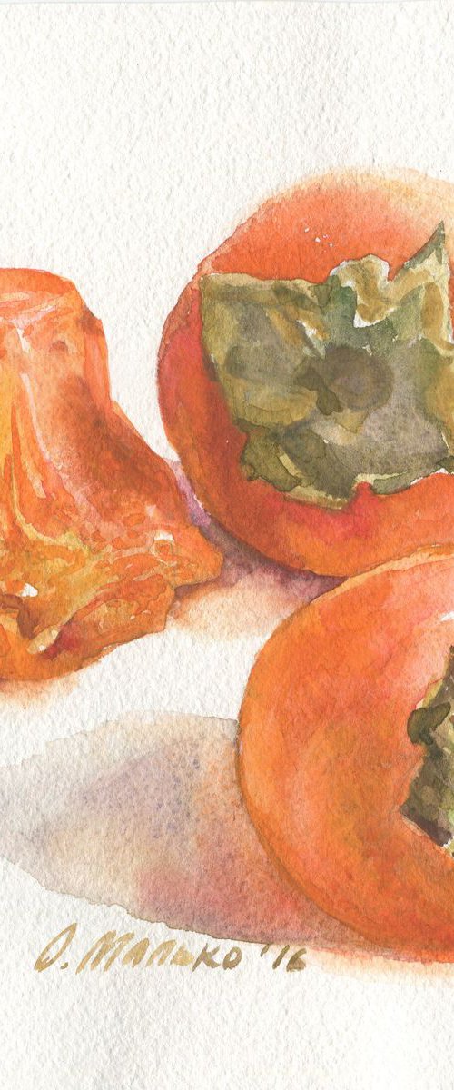 Persimmons. Kitchen still life Orange fruits Bathroom decor Watercolor painting Dining room wall art by Olha Malko