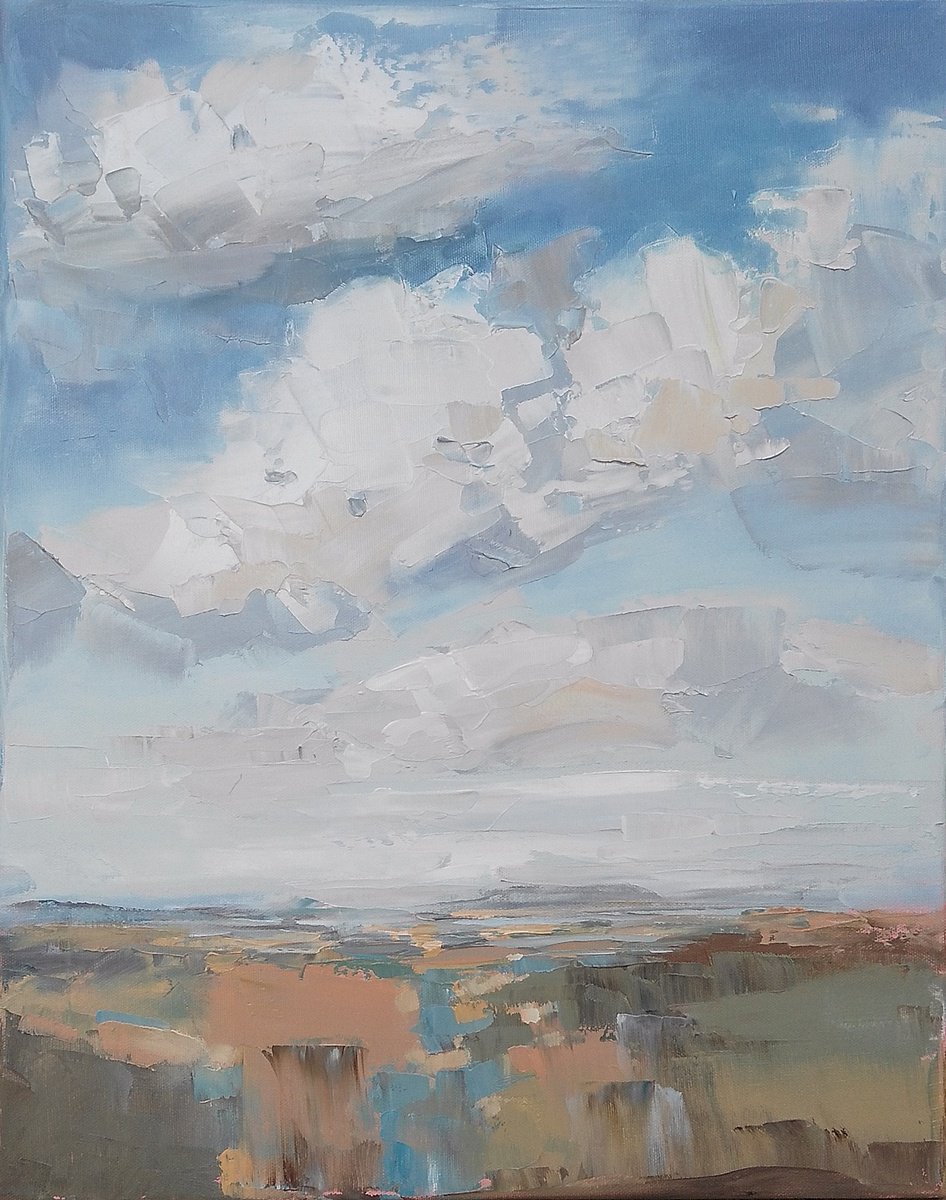 Expressive Landscape Oil Painting By Emilia Milcheva, 16 X 20, Birds Realm - Noon, Original Artwork