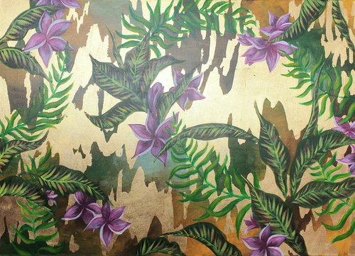 Tropical Forest Abstract Landscape wit Gold Leaf Large Original Artwork by JuliaP Art