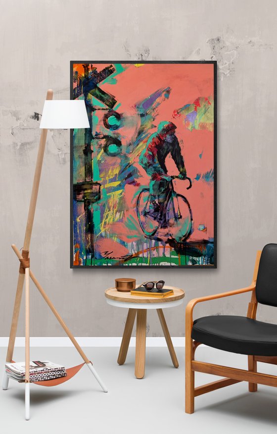 Bright painting - "City cyclist" - Urban Art - Pop Art - Bicycle - Street Art - Pink&Green - City - Street scene