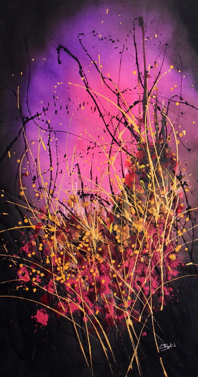 Expressive Botanical Acrylic Painting By Cecilia Frigati, 23 X 43, Folgore #3, Original Artwork