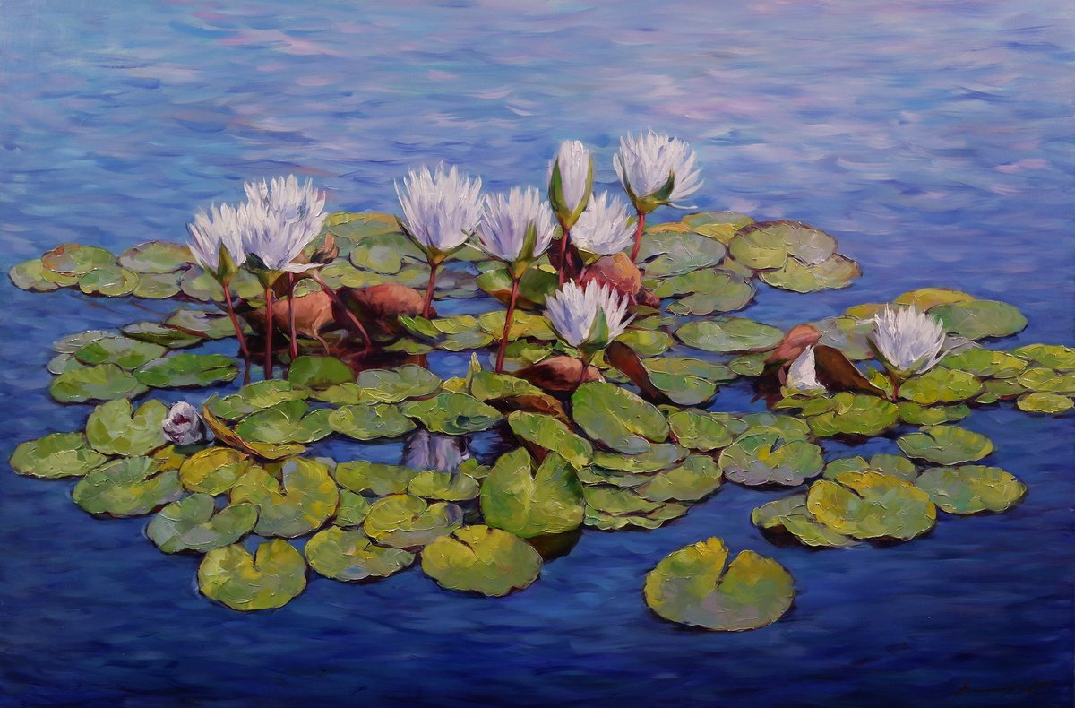 Impressionistic Landscape Oil Painting By Gennady Vylusk, 35 X 24, Water Lilies, Original Artwork