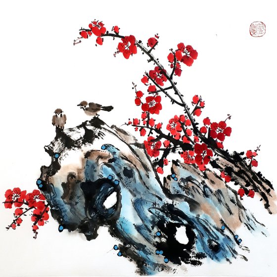 Two sparrows on the stone and plum blossom - Oriental Chinese Ink Painting