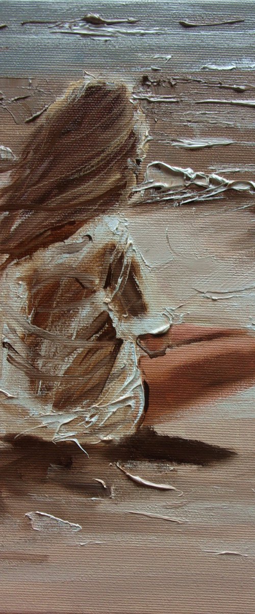 " ONE EVENING ... " SUN SKY SEA SAND liGHt  ORIGINAL OIL PAINTING, GIFT, PALETTE KNIFE by Monika Luniak