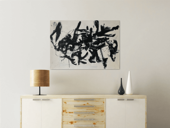Woman flying with a black bird.Black and white abstract painting.