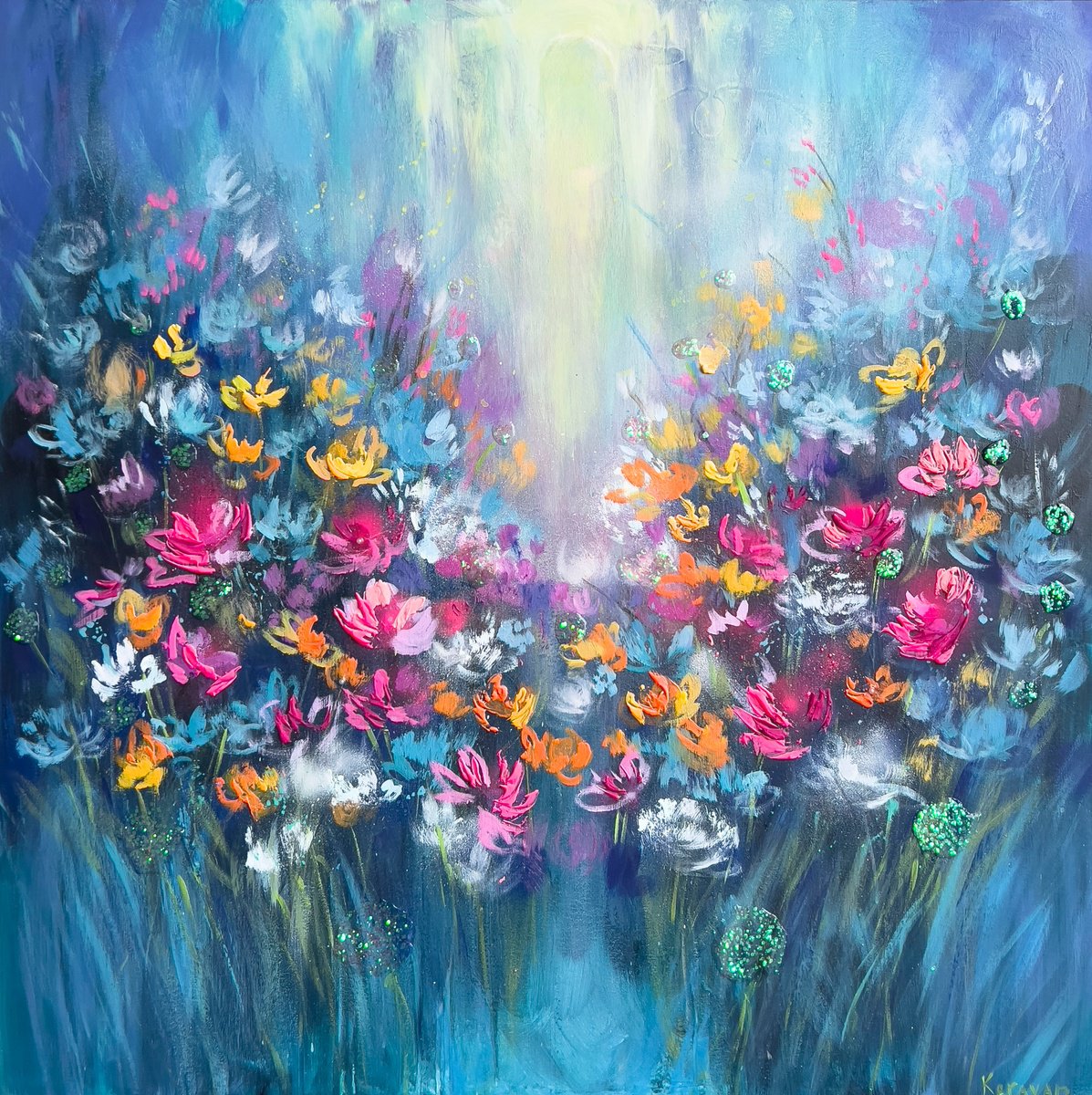 Impressionistic Botanical Acrylic Painting By Nataliia Karavan, 36 X 36", Floral Lagoon- Blue Florals, Original Artwork