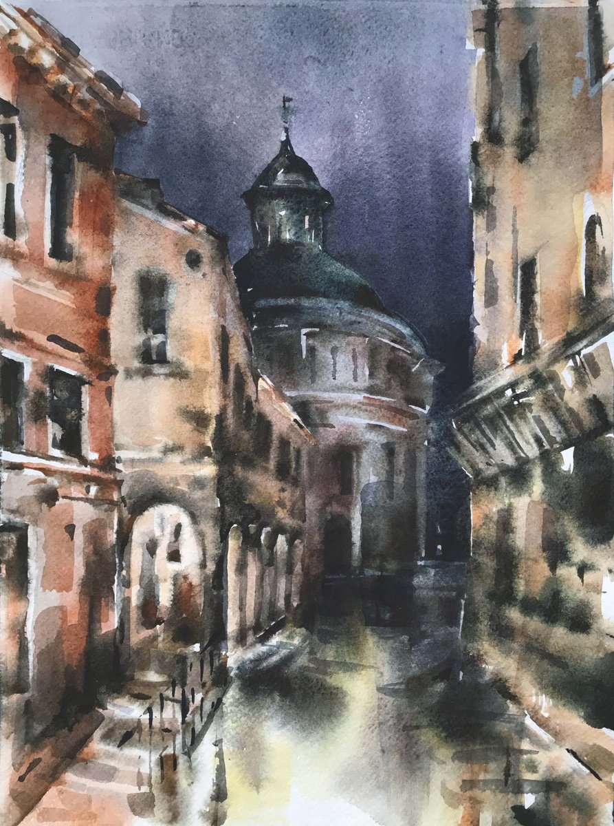 Expressive Cityscapes Watercolour By Galina Poloz, 11 X 15, Night Venice., Original Artwork