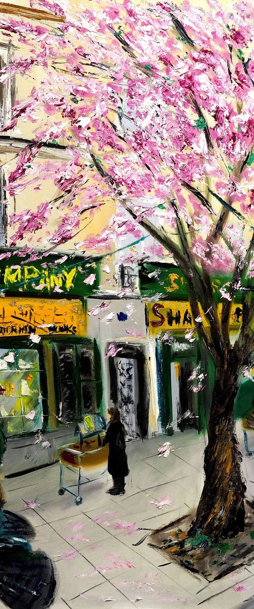 Cherry Blossoms at Shakespeare and Company, Paris - with gold embellishment by Ruslana Levandovska