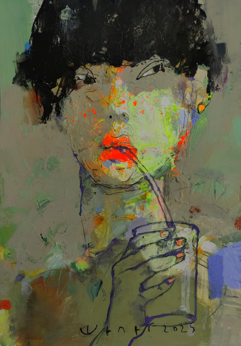 Expressive Portrait Acrylic Painting By Victor Sheleg, 12 X 17", Cocktail Hour, Original Artwork