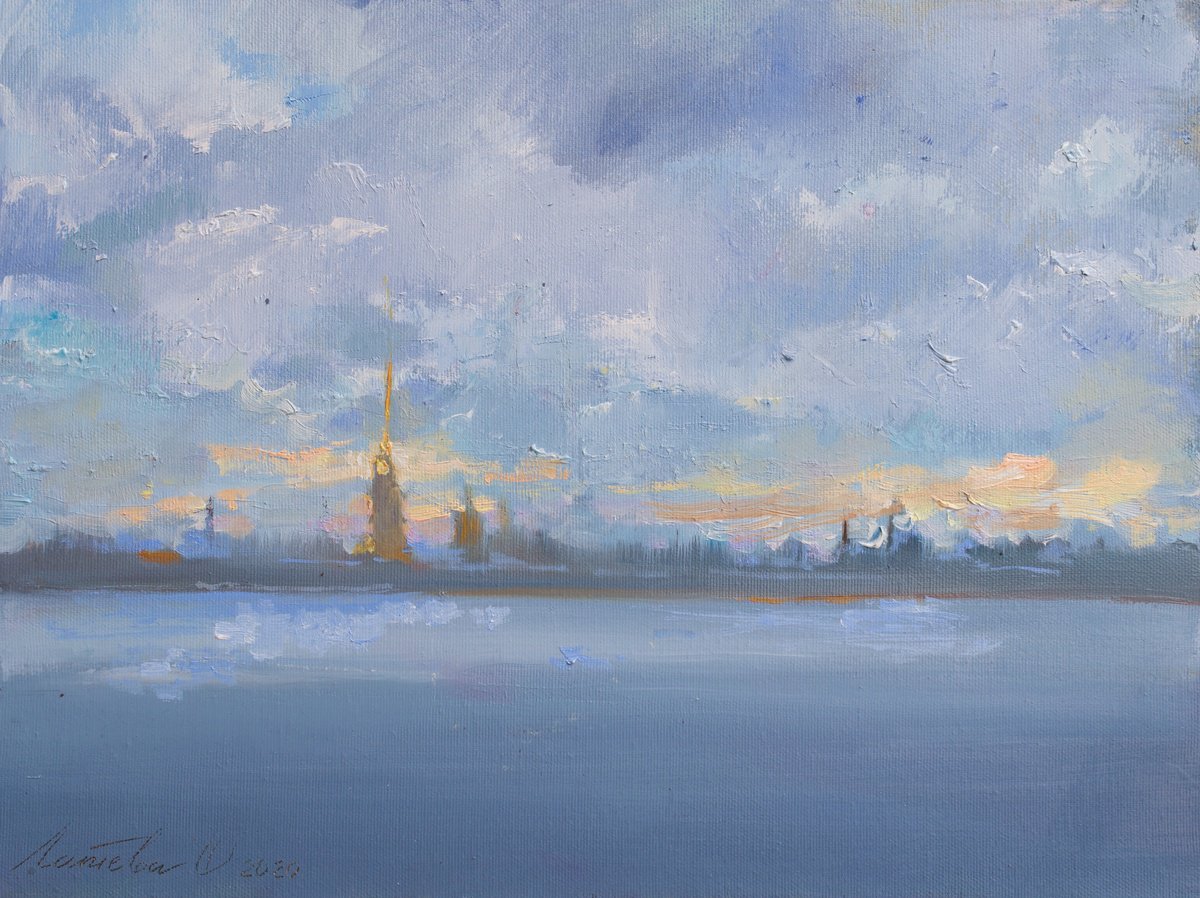 Impressionistic Landscape Oil Painting By Olha Laptieva, 16 X 12", City By The River, Original Artwork