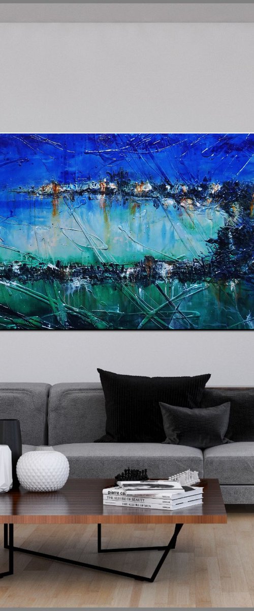 Natures Calling 240cm x 100cm Blue Green Textured Abstract Art by Franko