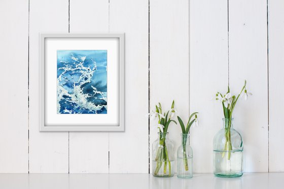 Sea waves on the coast. Original watercolor artwork.