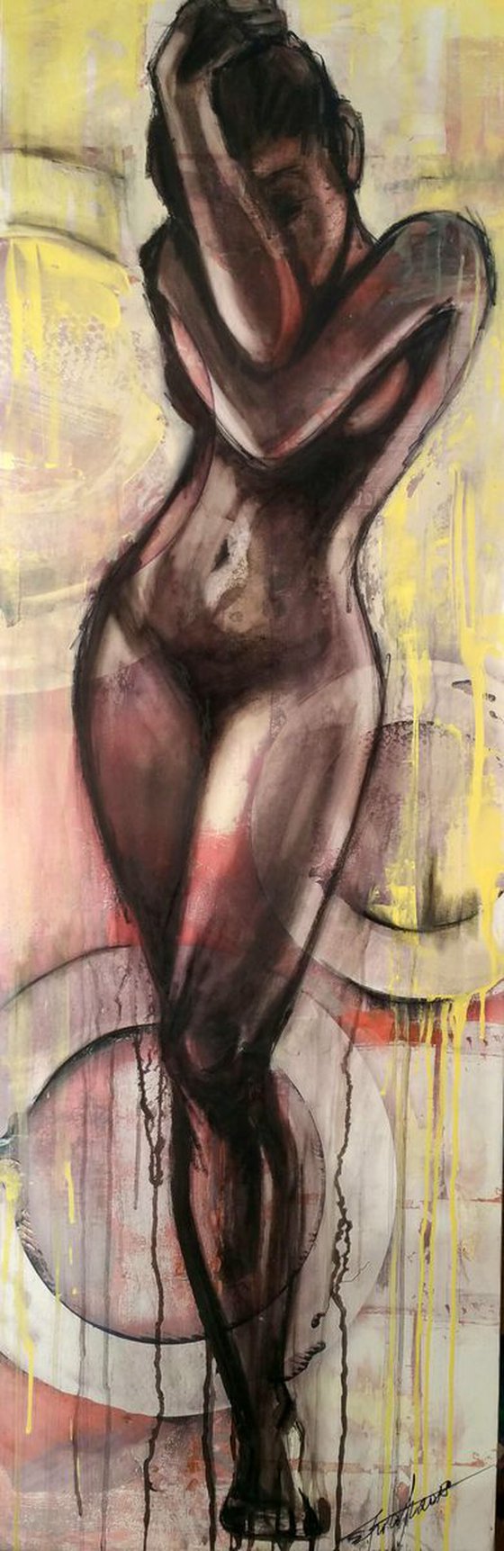 "Ragazza" 50x150x4cm.Original mixed media large painting on fabric,ready to hang