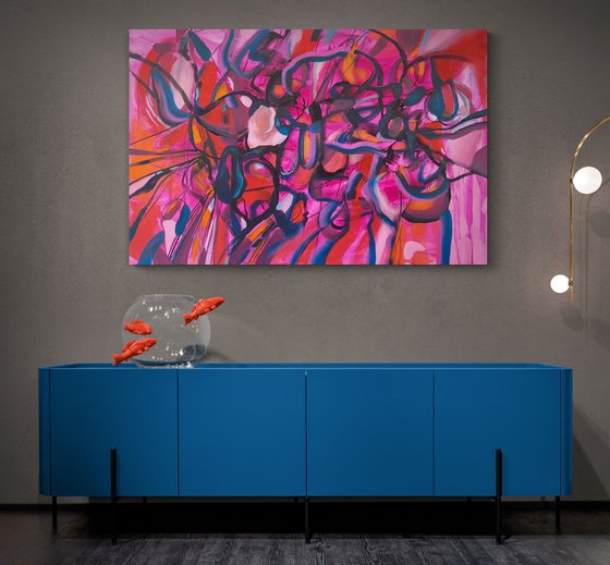 FULL ON- a large scale xxl dynamic red pink expressive abstract painting