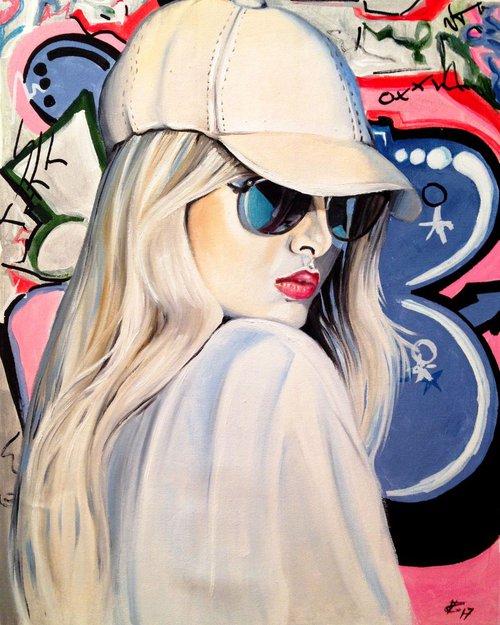 Graffiti- Original oil on canvas- pop urban portrait- 38 x 46 (15' x 18') by Valentina Toma' aka Zoe Chigi