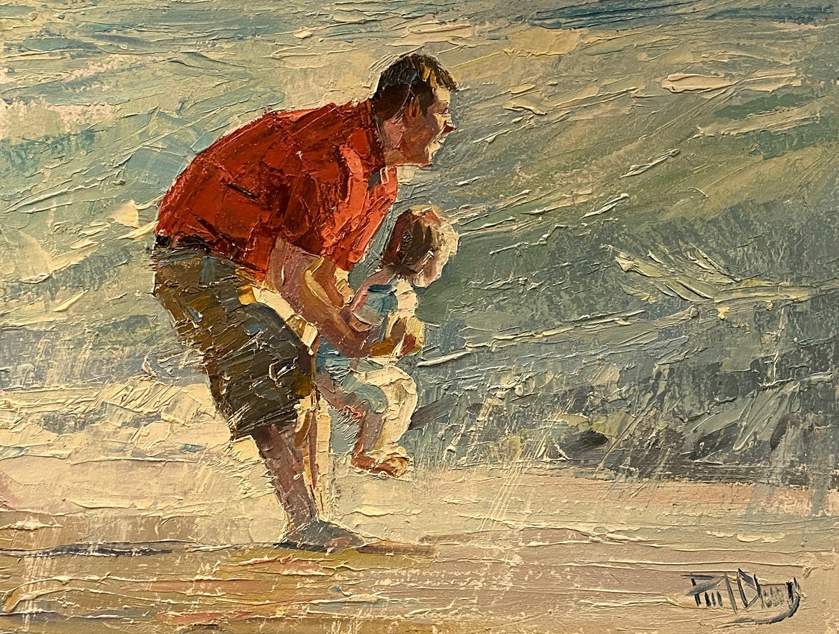 Impressionistic Landscape Oil Painting By Paul Cheng, 12 X 9", Father And Son, Original Artwork