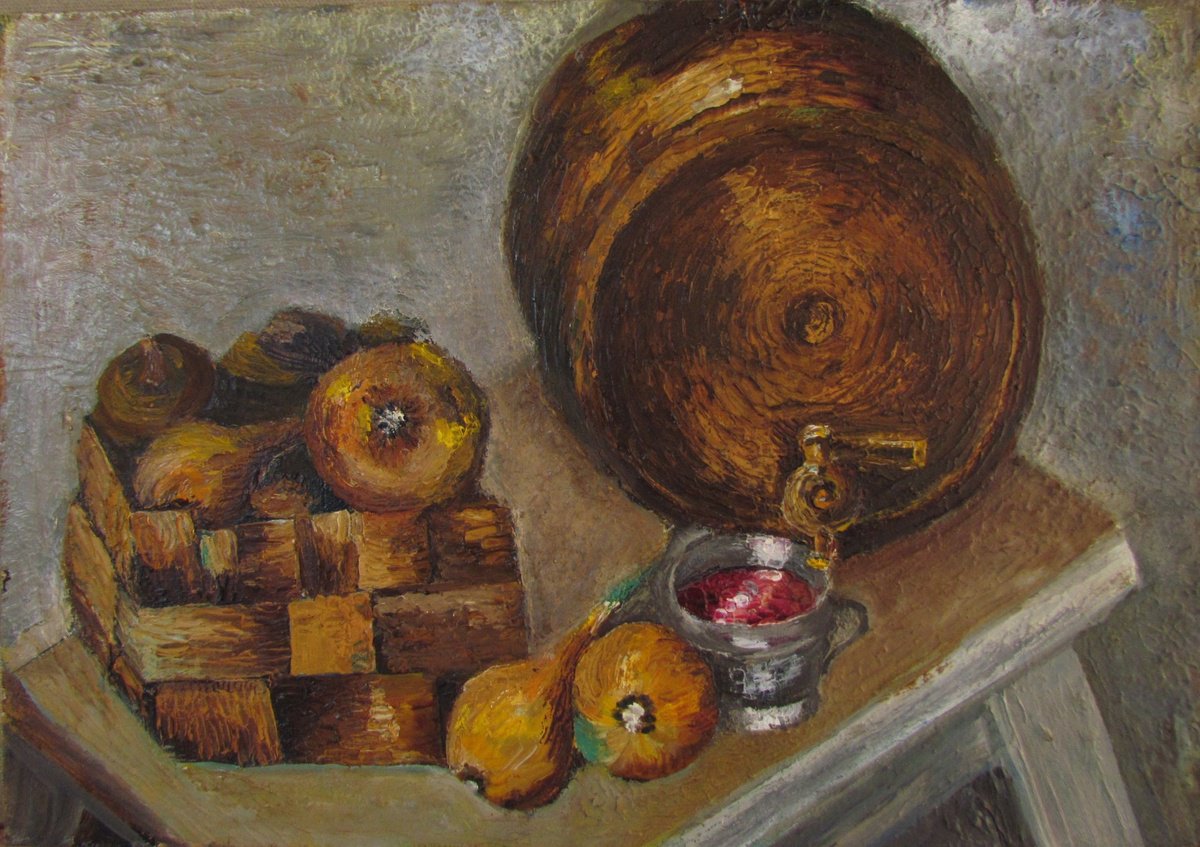 Still life with a barrel of wine by Viktoriia Pidvarchan