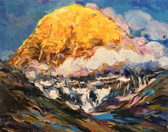 HIMALAYAS.  KAILASH MOUNT - landscape art, mountainscape, mountain, yellow sunset over the mountains 72x91