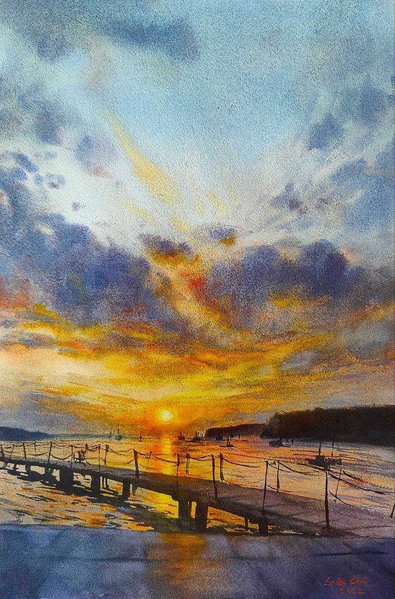 Last Portorose sunset of the year | Original watercolor painting