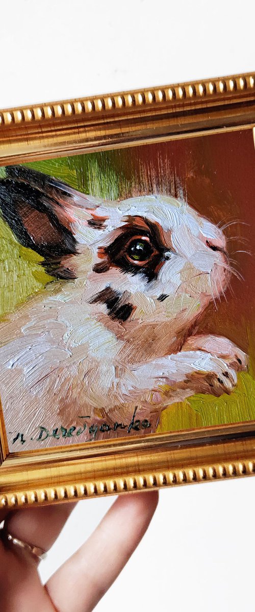 Bunny oil painting original framed 4x4, Small framed art white rabbit artwork yellow background by Nataly Derevyanko