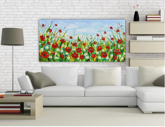 Poppies and Daisies - Wildflower Meadow Palette Knife Painting