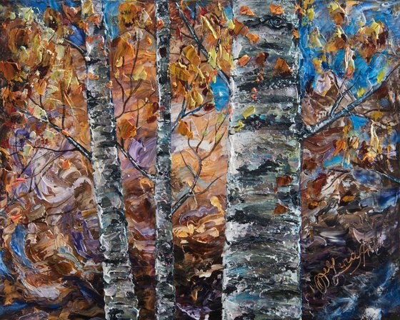 Birch Trees 20"X16"X1"  (palette knife oil painting)
