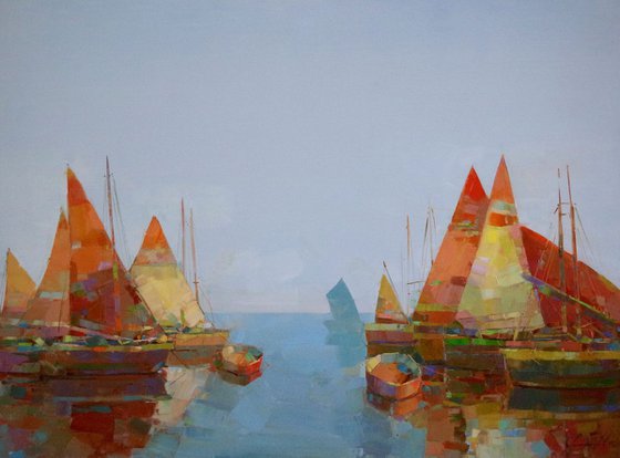 Sail Boats- Harbor, Contemporary art,  Handmade oil painting Original artwork One of a kind