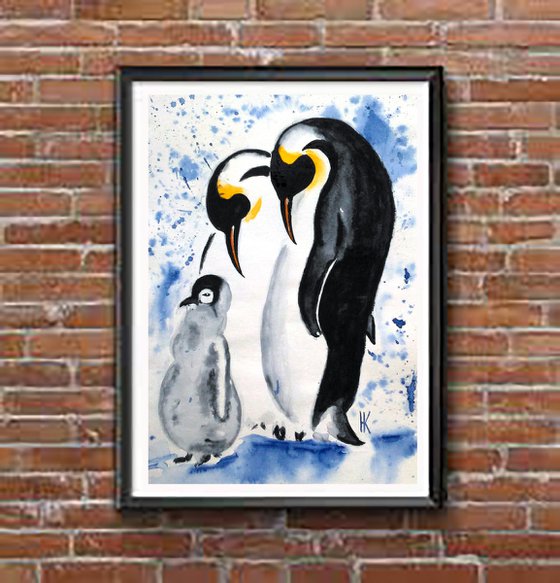 Penguin Painting Animal Original Art Wildlife Watercolor Artwork Baby Penguin Family Home Wall Art 8 by 12" by Halyna Kirichenko