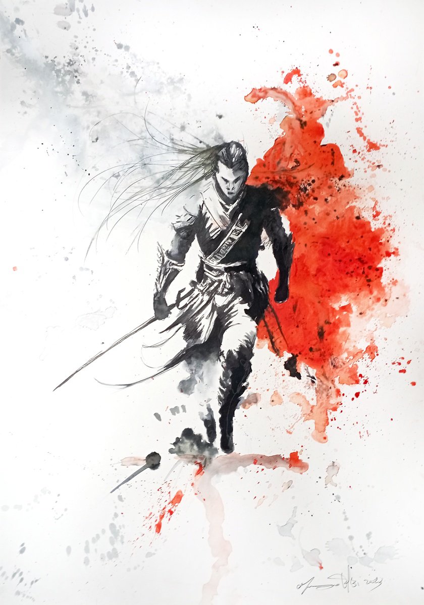 Urban And Pop Portrait Ink Drawing By Maurizio Puglisi, 17 X 23", The Path Of The Warrior, Original Artwork