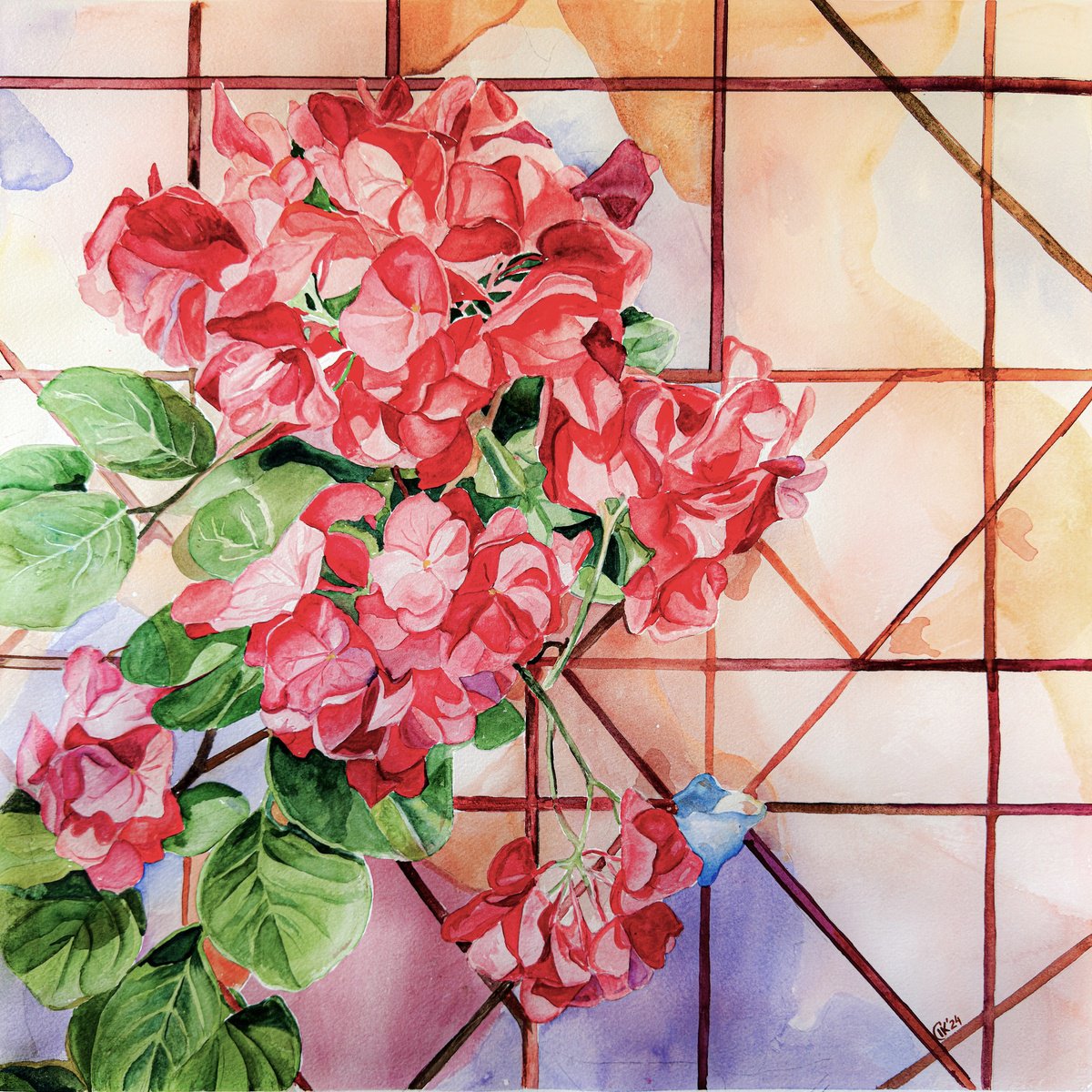 Photorealistic Watercolour , Red Bougainvillea By Irina Kurganskaya, 20 X 20, Artwork For Sale On Artfinder