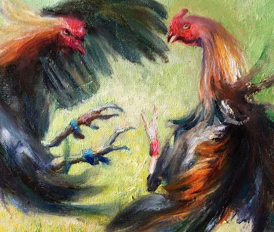 Roosters on green . Cockfighting . Original oil painting