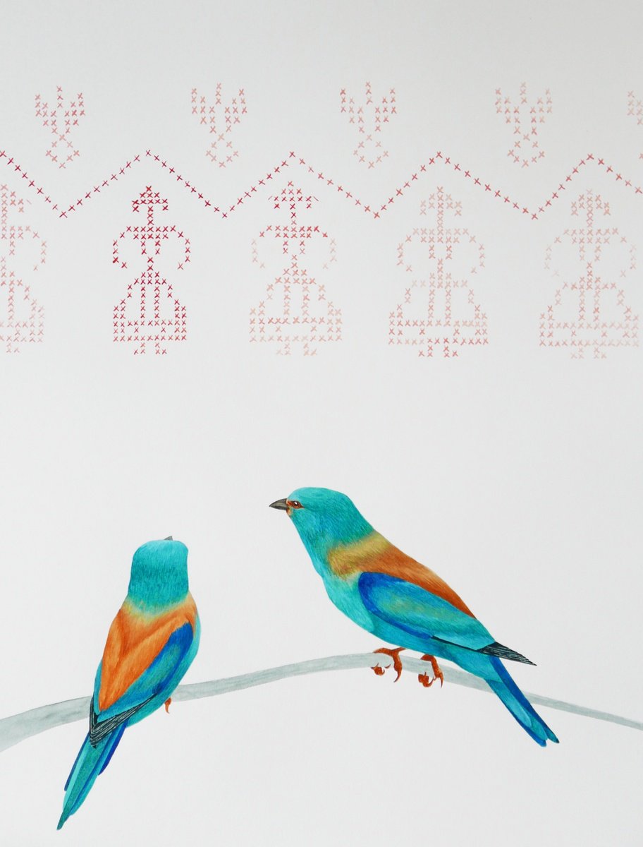 Re:connection - 2 European rollers on the branch by Karina Danylchuk
