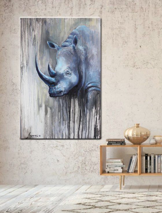 rhinoceros wildlife painting"Blue Ghost"