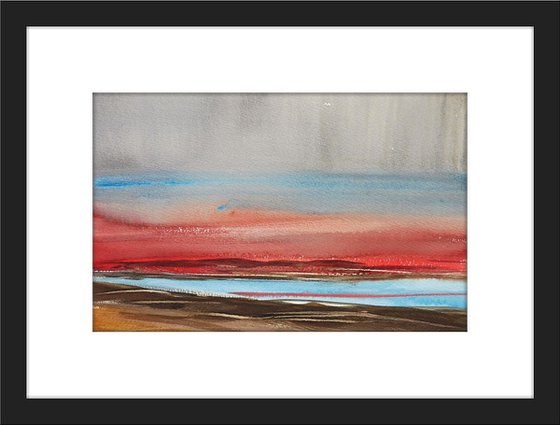 RED SUNSET CEMLYN BAY ANGLESEY. Original Watercolour Landscape Painting.