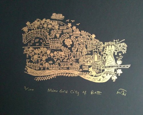 Mini Gold City of Bath - lino cut print by Melanie Wickham