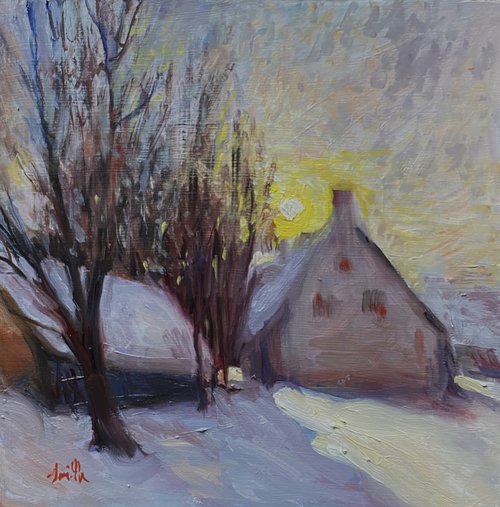 Cottages in the Winter Snow. by Jackie Smith