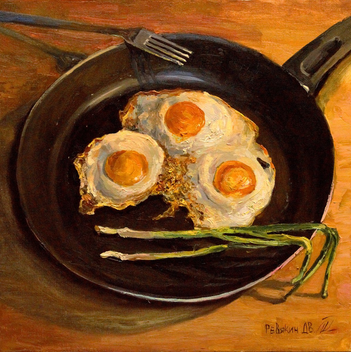 Fried eggs. Modern oil painting by Dmitry Revyakin