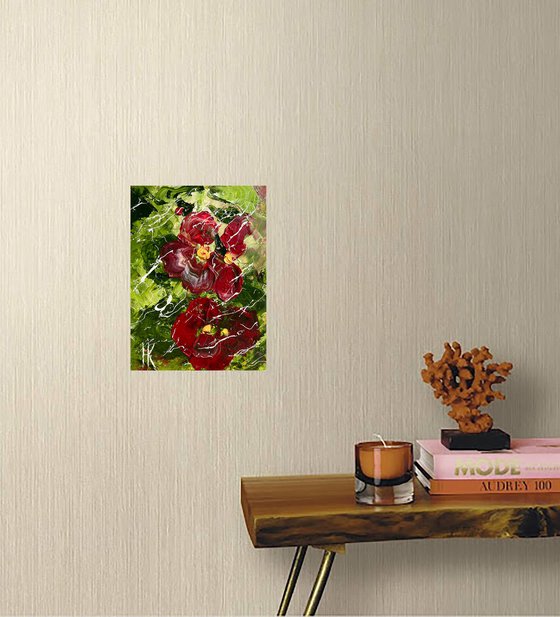 Mallow Painting Hollyhock Original Art Flowers OIl Impasto Artwork Small floral Home Wall Art 6 by 8 " by Halyna Kirichenko