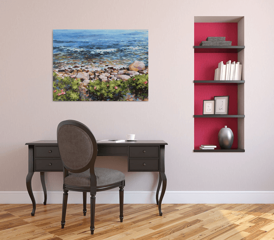 "Rose bushes by the shoreline", original one of a kind acrylic on canvas impressionistic painting (30x40")