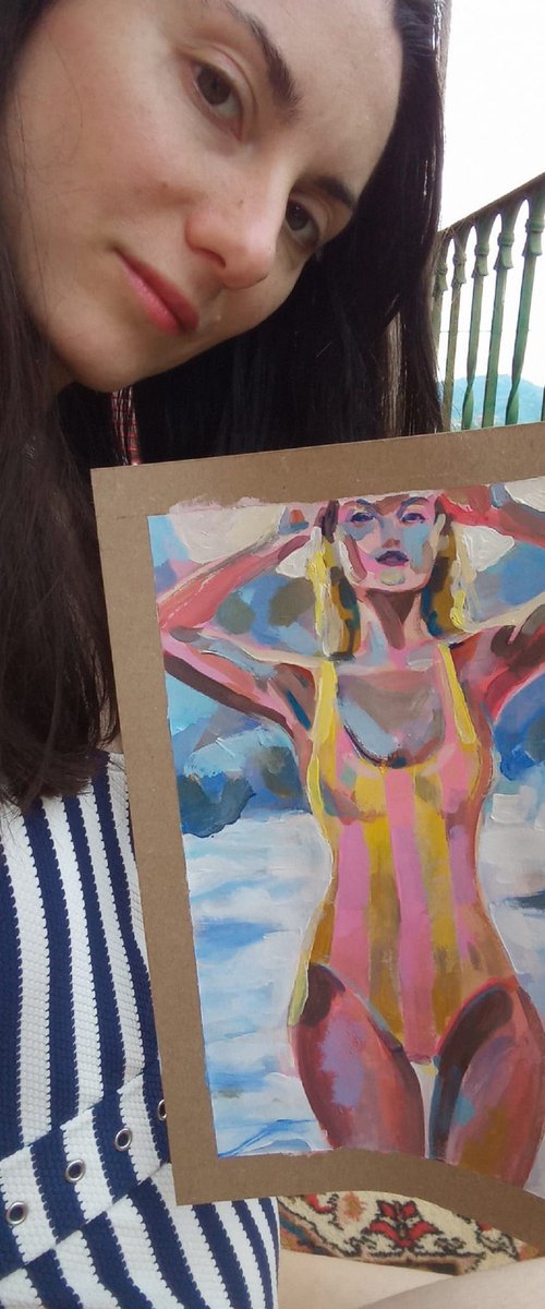 Girl in a Striped Swimsuit On the beach by Iryna Tymkul