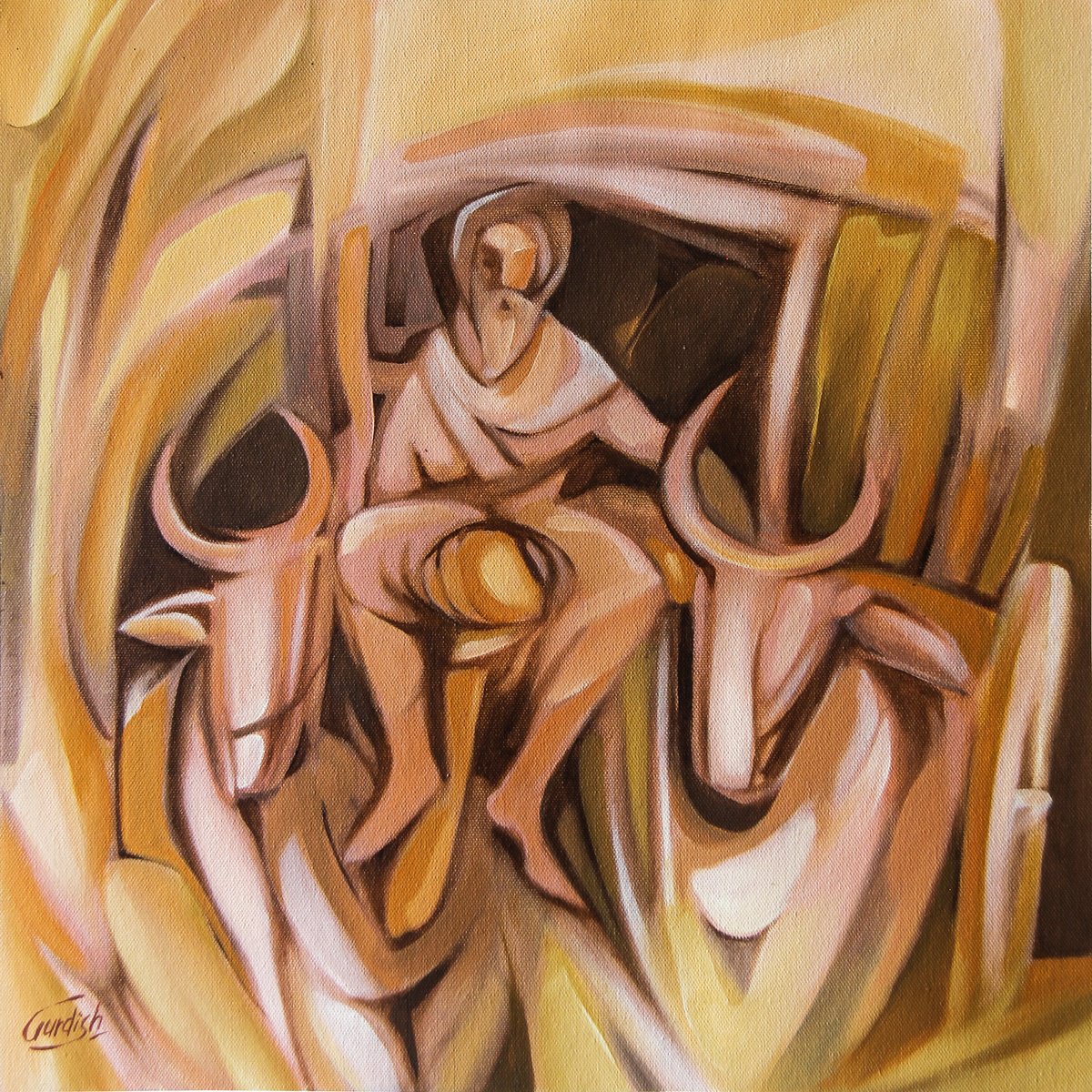 Abstract Acrylic Painting By Artist Gurdish Pannu, 18 X 18, Mere Pind Da Kisaan, Original Artwork